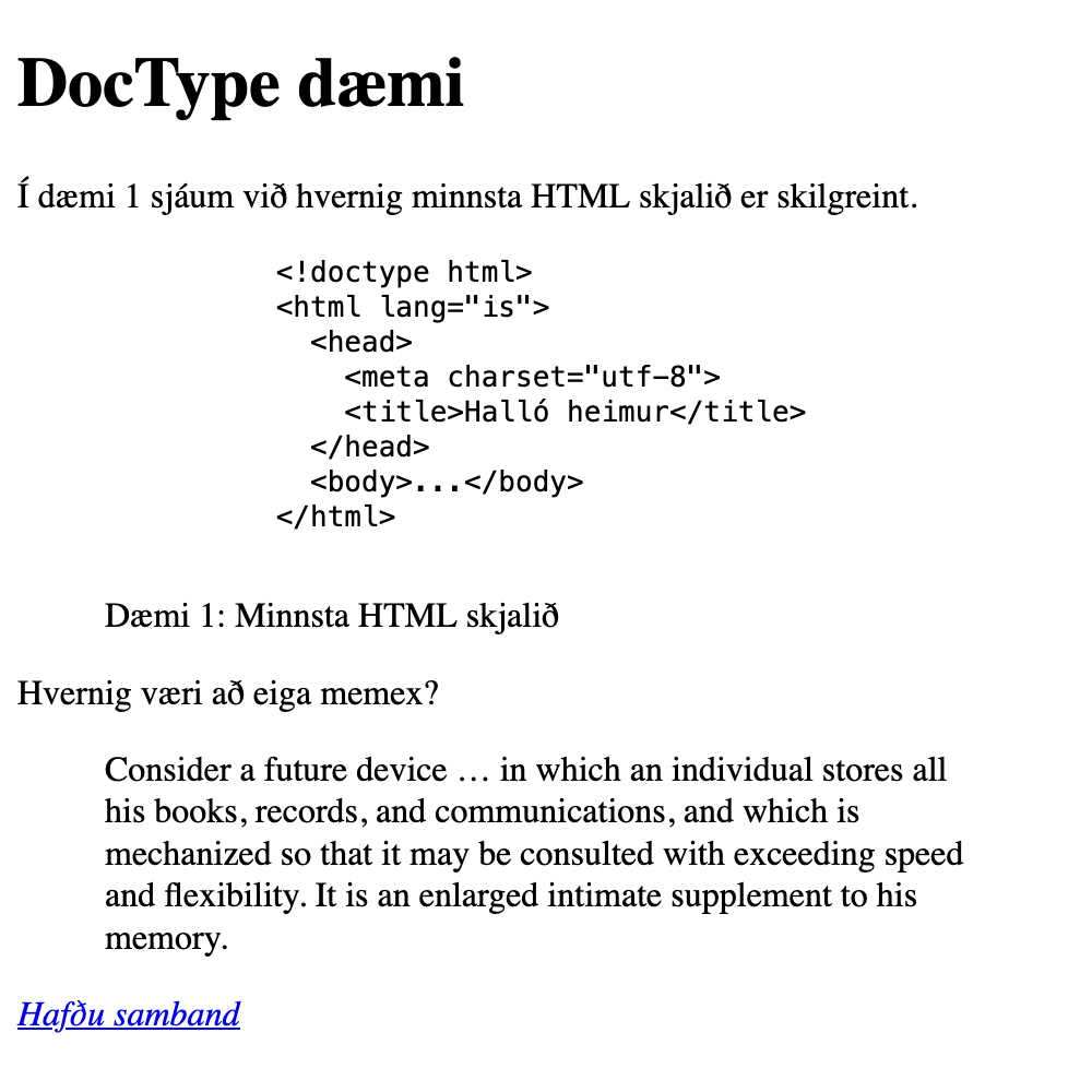 Dæmið að ofan í vafra, fyrirsögnin DocType dæmi er í stærri leturgerð en rest, dæmi skilgreint innan pre elements er inndregið og í monospaced leturgerð. Texti í footer elementi er minni en rest og tengill fyirir „hafa samband“ er skáletraður, með undirlínu og í bláum lit.